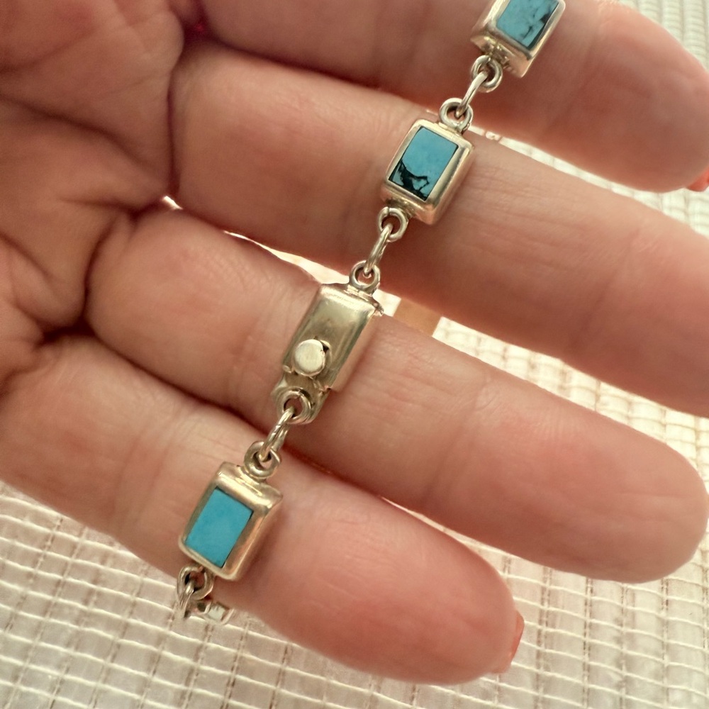 Authentic Taxco Sterling Silver & Turquoise Link Bracelet – 7.5” / 11g - Picture 5 of 8